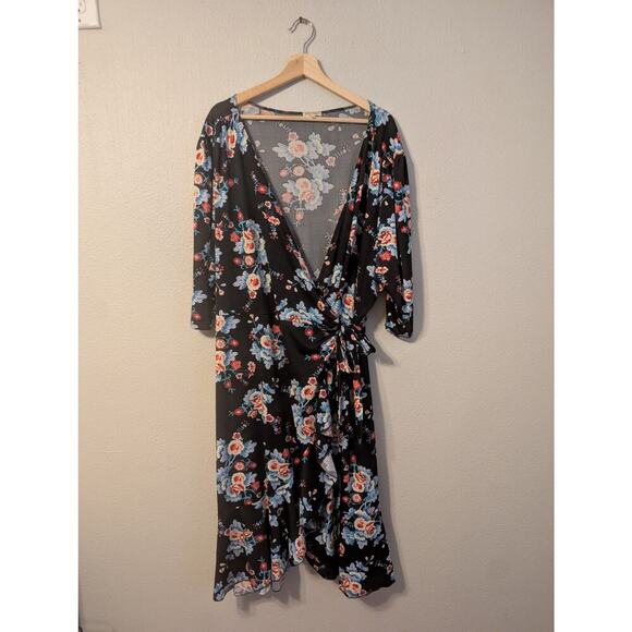 Kiyonna Dresses & Skirts - Kiyonna Womens Floral Wrap Midi Dress Size 4X Black 3/4 Sleeve V Neck Pocket